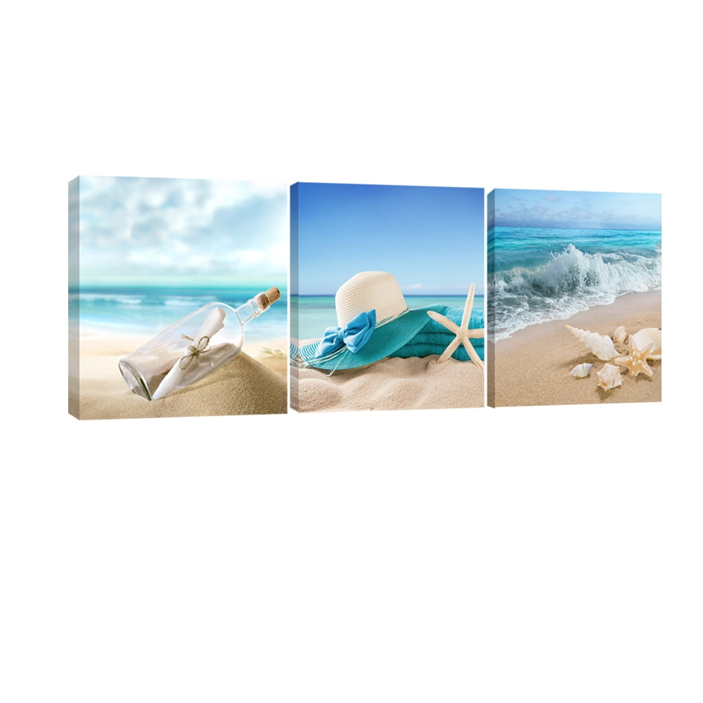Wieco Art 3 Panel Starfish Seashell Bottle Beach Pictures Canvas Wall ...