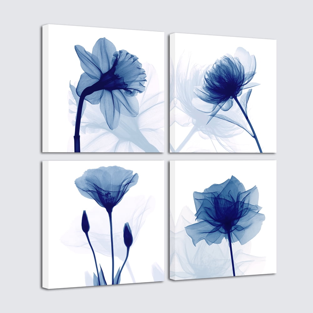 Wieco Art 4 Piece Blue Flickering Flower Canvas Prints Artwork