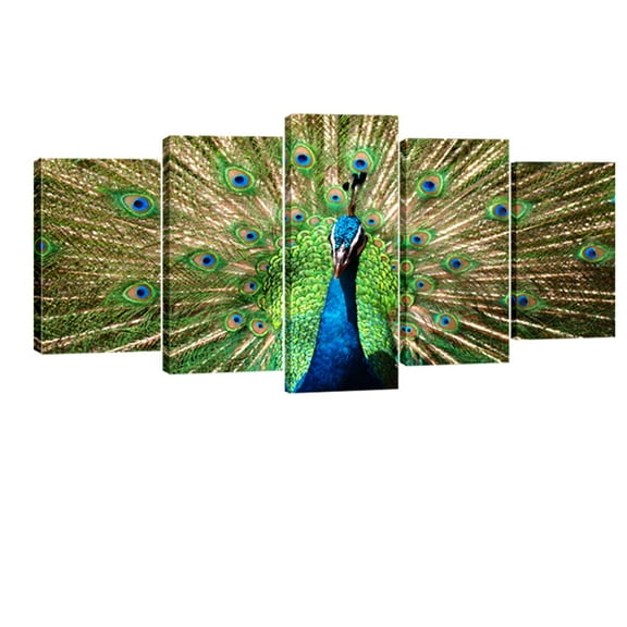 Wieco Art The Peacock-5 Piece Green Modern Green Animals Canvas Prints