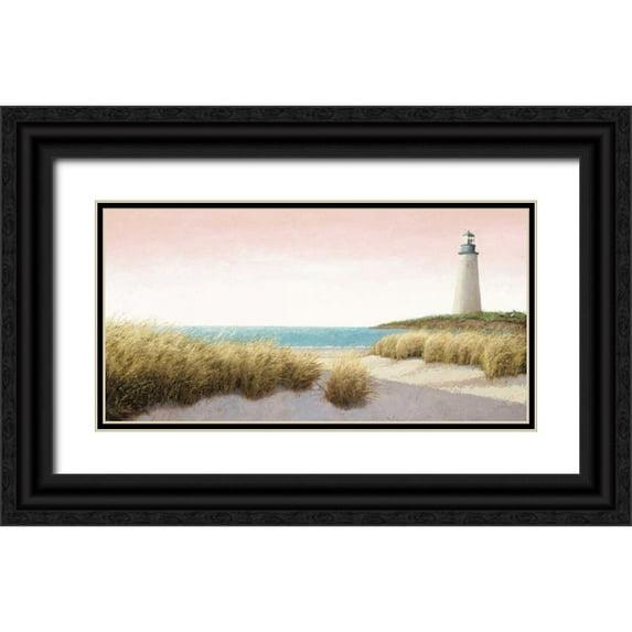 Wiens, James 14x9 Black Ornate Wood Framed with Double Matting Museum Art Print Titled - Lighthouse by the Sea Blush