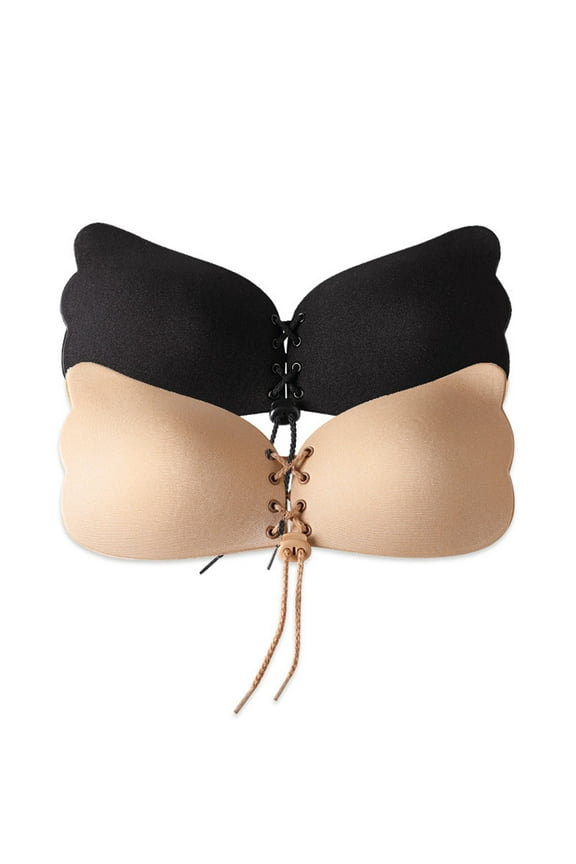 Wieysdoo Adhesive Bra Strapless Push-Up Sticky Bra Invisible Drawstring Backless Nipple Covers Silicone Bra for Women,Beige+Black