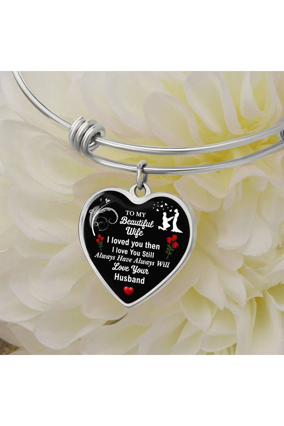 To My Wife Bracelet With Bangle - Gifts for Wife - Custom Engraved Bracelet for Wife - Mother’s Day Gift - Heart Bangle Bracelet - Silver/Gold color, Personalized Engraving Option