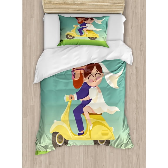 Wife Duvet Cover Set Twin Size, Romantic Happy Young Lovers Newlyweds Riding Scooter Together Just Married Couple, Decorative 2 Piece Bedding Set with 1 Pillow Sham, Multicolor, by Ambesonne