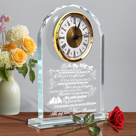 Wife Gifts from Husband, Elegant Crystal Glass Desk Clock with Base - Unique Anniversary, Birthday, Valentine's Gifts, Mother's Day Gift for Wife Who Has Everything