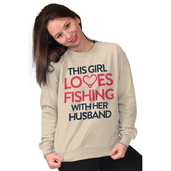 Wife Husband Loves Fishing Cute Girly Women Crewneck Sweatshirt Brisco Brands L