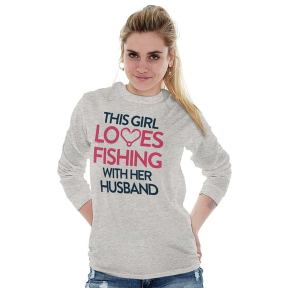 Wife Husband Loves Fishing Cute Girly Women Plus Size Long Sleeve Graphic Tee Brisco Brands 3X