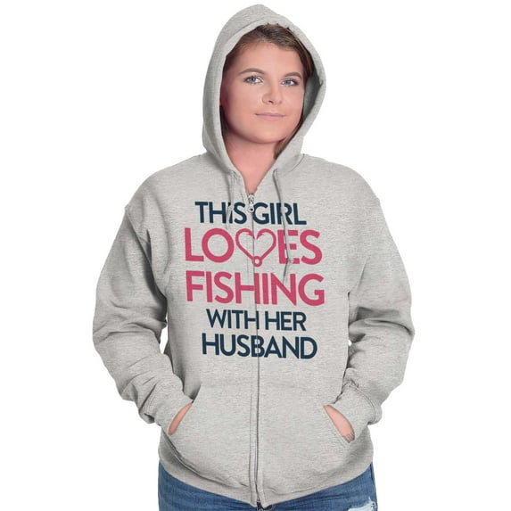 Wife Husband Loves Fishing Cute Girly Zip Hoodie Sweatshirt Women Brisco Brands L