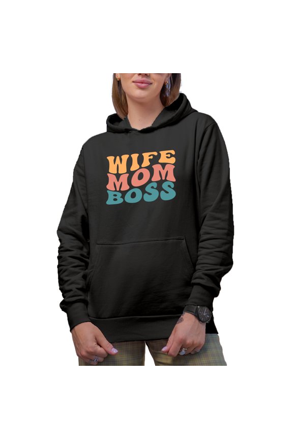 Wife, Mom, Boss, Mother's Day or Birthday, Groovy Retro Wavy Text Merch Gift, Black Hooded Sweatshirt or Hoodie, 3XL
