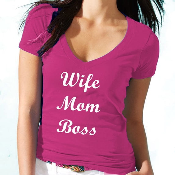 Wife Mom Boss V-neck T-shirt Funny Love Cute Mother Tee Color Pink Large