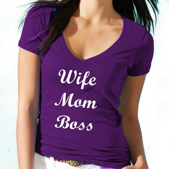 Wife Mom Boss V-neck T-shirt Funny Love Cute Mother Tee Color Purple X-Large