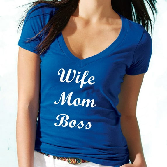Wife Mom Boss V-neck T-shirt Funny Love Cute Mother Tee Color Royal Blue 2X-Large