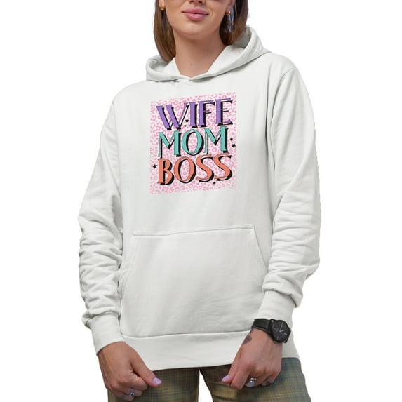 Wife, Mom, Boss with Leopard Print Art Merch Gift, White Hooded Sweatshirt or Hoodie, Medium