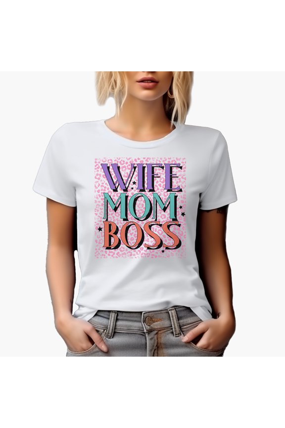 Wife, Mom, Boss with Leopard Print Art Merch Gift, White T-Shirt, XL