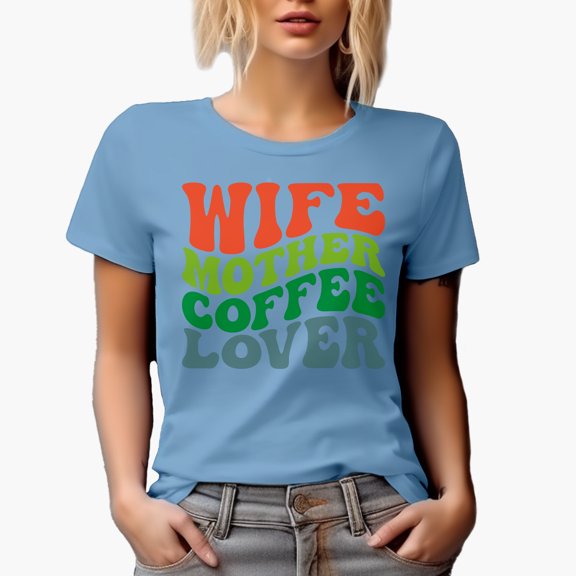 Wife, Mother, Coffee Lover Quote, Groovy Retro Wavy Text Merch Gift, Baby Blue T-Shirt, XL