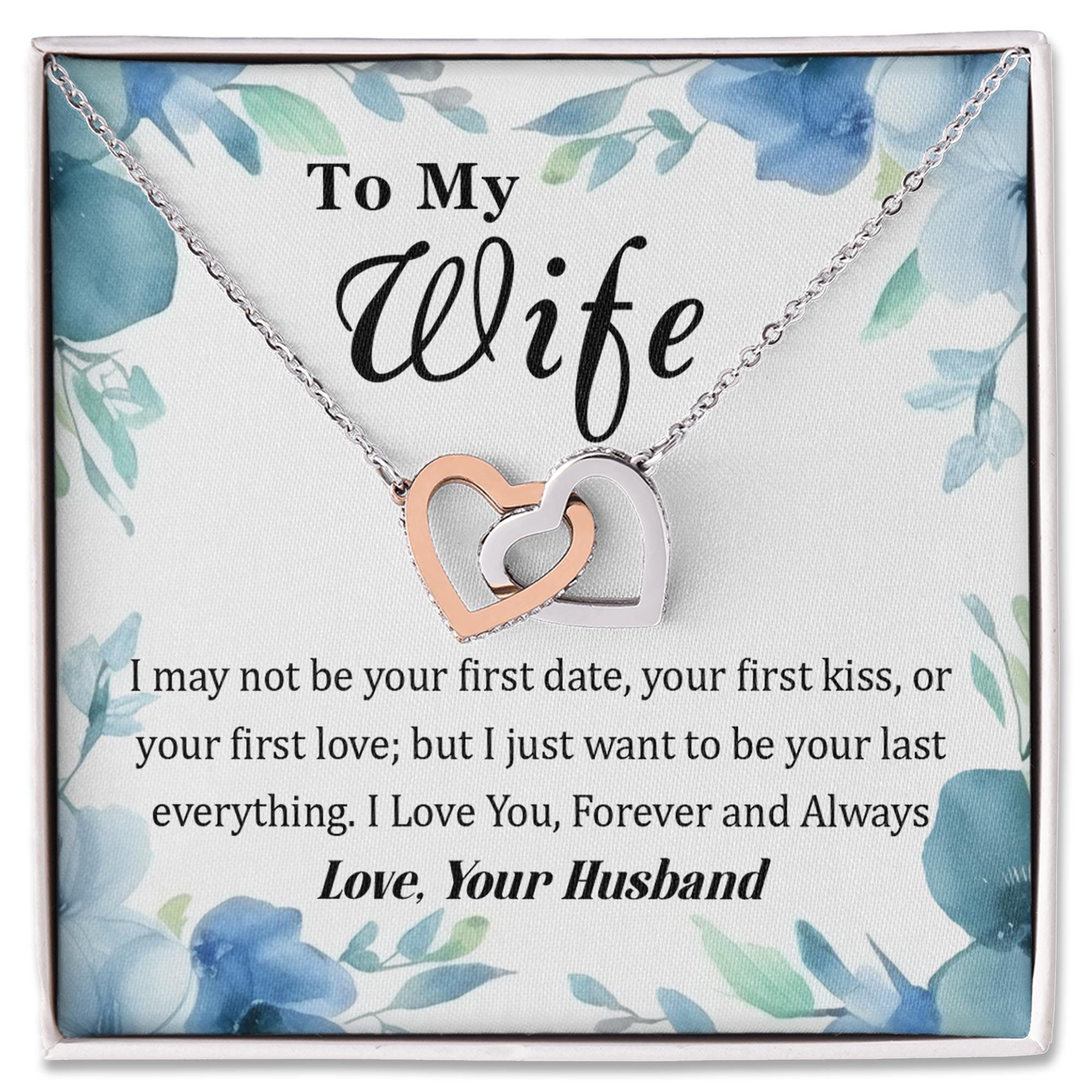 To My Wife Necklace From Husband, Interlocking Hearts Jewelry Gift With Blue Floral Art, Romantic Anniversary Or Birthday Present For Wife, Forever Love Valentine’s Day Gift