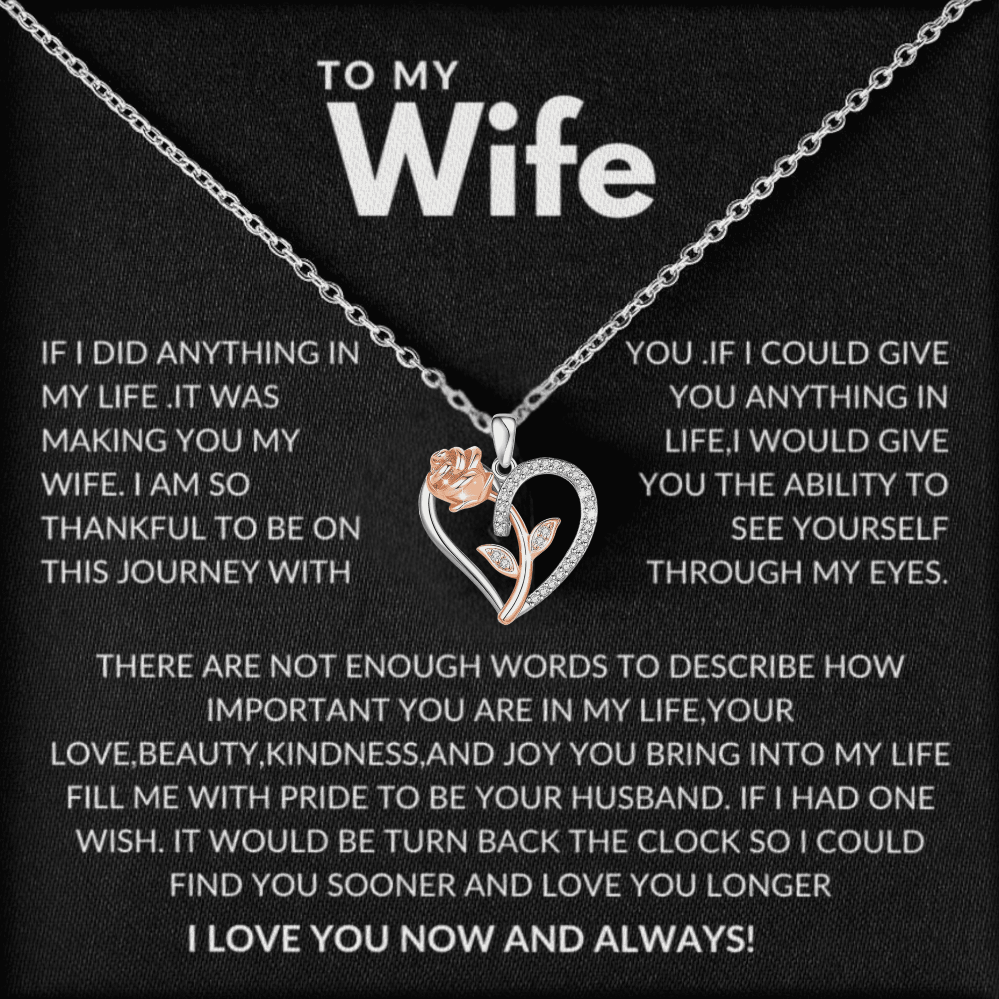 To My Wife Necklace from Husband with Message Card Romantic Gifts for Wife S925 Sterling Silver Necklace for Women, Wife Jewelry Rose Gold, Wife Birthday Anniversary Valentines Mothers Day Gifts