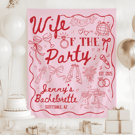 Wife of The Party Bachelorette Tapestry, Personalized Bride Photo Backdrop