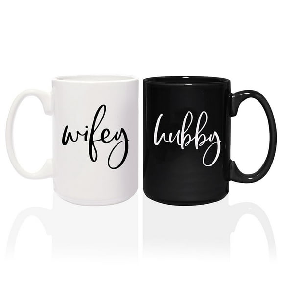 Wifey And Hubby Matching Mugs / Two Jumbo 15 Ounce White And Black Ceramic Mugs / Funny Husband And Wife Coffee Cup Set / Black And White Wedding Present Mug Set