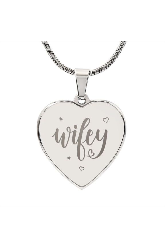 Wifey Engraved Heart Necklace Stainless Steel or 18k Yellow Gold Finish 18-22" Chain