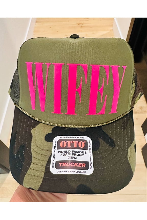 Wifey Neon Pink Puff Camo and Olive Trucker Hat