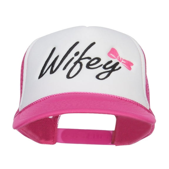 Wifey Ribboned Embroidered Foam Mesh Cap - Hot Pink White OSFM