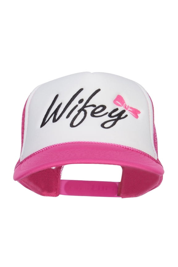 Wifey Ribboned Embroidered Foam Mesh Cap - Hot Pink White OSFM
