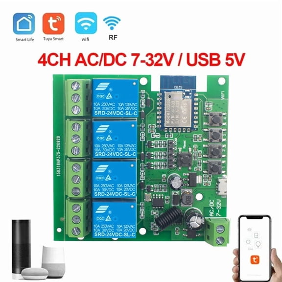 Wifi Wireless Switch Smart Module 4 CH DC7V-32V Inching Self-Lock RF433 10A Relay Smart Life Tuya APP Control