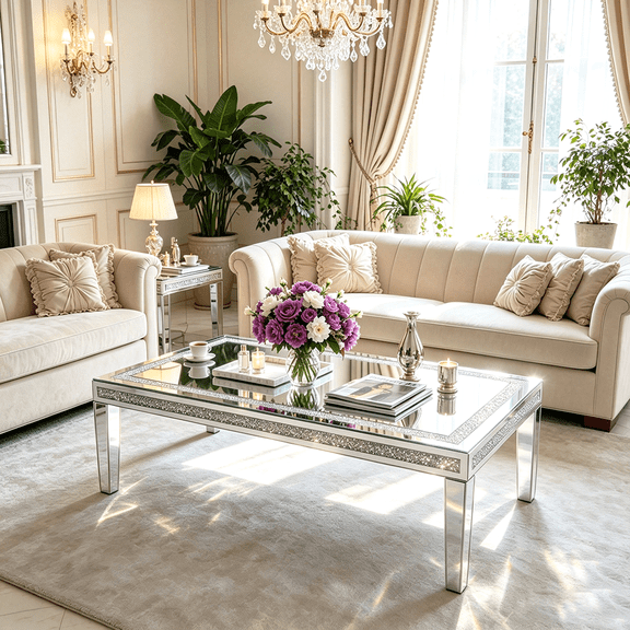47.24" Silver Mirrored Coffee Table Living Room Center Table Decorative Dazzling Bling Crushed Diamond Border