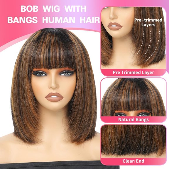Wig with Bangs Human Hair 1b/30 Highlight Wig Human Hair Short Wigs for Black Women Real Hair Wigs for Black Women 2.5X1 inch Human Hair Glueless 12Inch Short 1b/30 12 Inch