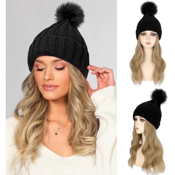 Wig Beanie Hat with Long Wavy Hair Extensions - Knit Rib Pom Hat Attached 14" Curly Synthetic Hairpiece for Women Winter Ash Blonde