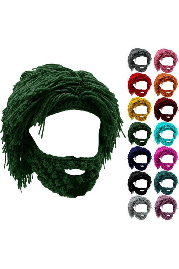Wig Beard Hats Creative Barbarian Knit Wig Beanie Funny Knit Hat Beard Funny Party Beanies Ski Mask Green One Size