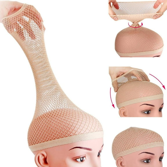 Wig Cap for Long hair, Hair Net for Wig, Fishnet Wig Cap for Women, Natural Nude, 3 Pack