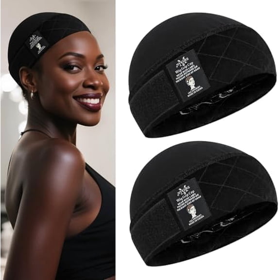 Wig Caps with Grip Band to Hold Wig in Place, Soft Wig Caps for Women Non Slip, Black 2 count