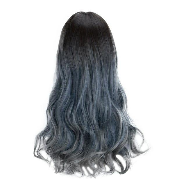 Wig Female Long Hair Big Wave Gradient Blue Gray Full Head Set The 