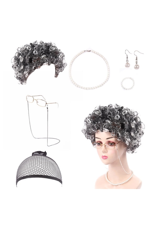Wig Fusion Classic Granny Wig for Women with Glasses Chain Pearl Necklace Earrings Bracelet Set Lady Hairpiece for