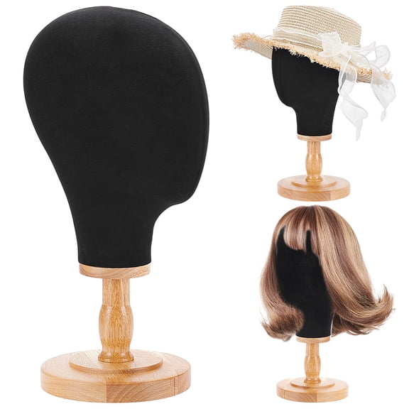 Wig Head Stand Head Hat Display Stand Black Linen Hat Display Model Head Wig Holder Head Stand with Wooden Stand for Caps Hats Headdress Wig Making