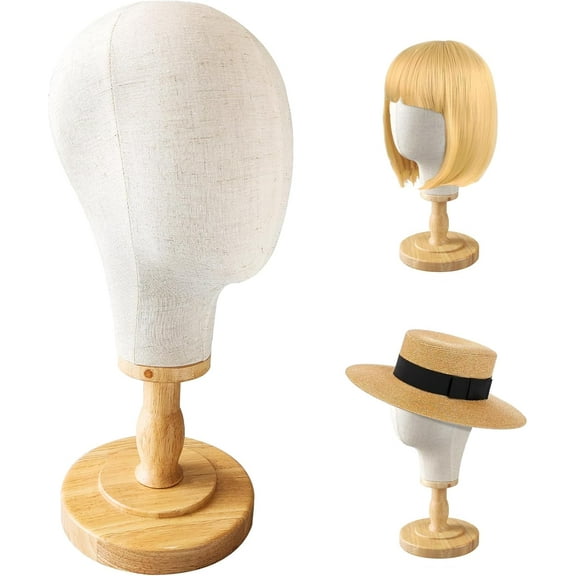 Wig Head Stand Mannequin Head Hat Display Stand Linen Wig Holder, Hat Rack Fabric Head, Canvas Dome + Detachable Wood Stand, Wig Display Model Head Wig Stand for Wigs, Hats, Caps, Headdress