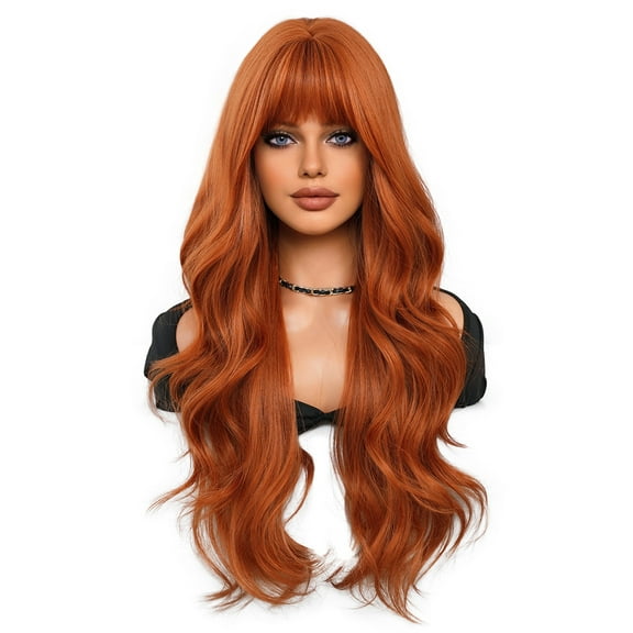 Wig Long Curly Hair with Bangs Big Waves Head Cover Rose Net Chemical Orange Wig