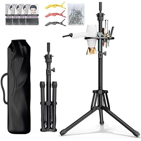 Wig Stand Adjustable Height - Upgrade Wig Tripod Stand with Reinforced Tool Tray , Foldable Mannequin Stand for Beauty and Hairdressing Styling (Additional 1 Free Accessory)