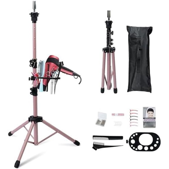 Wig Stand Tripod Upgraded, Mannequin Stand Double Locking, Reinforced Metal Wig Stand with Tool Tray, Rose (53.5 Inches)