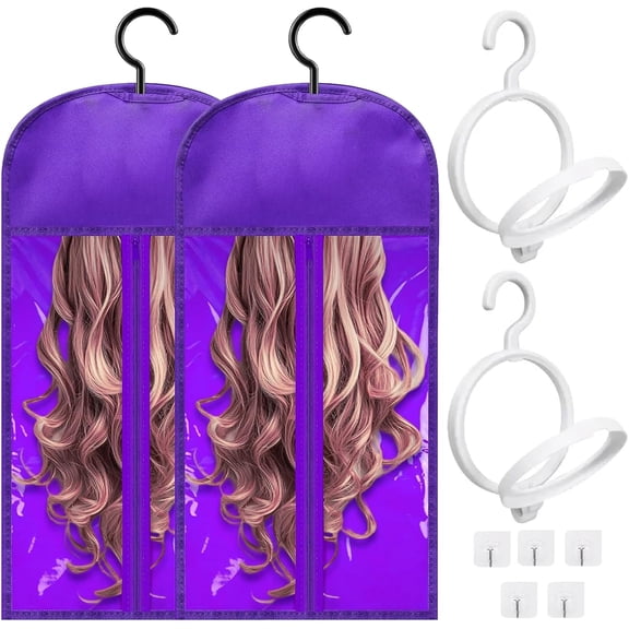 Wig Stand Wig Storage Bags  Wig Bags With Hanger With Clear Zipper Closure for Multiple Wigs Hats and Hair Extensions Accessories (White stand-Purple bag)