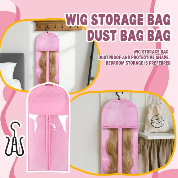 Wig Storage Bag with Hanger - Breathable Dust-Proof & Water-Resistant Hair Extension Holder, Clear View Window, Space-Saving Design for Multiple Wigs, Travel & Closet Organization