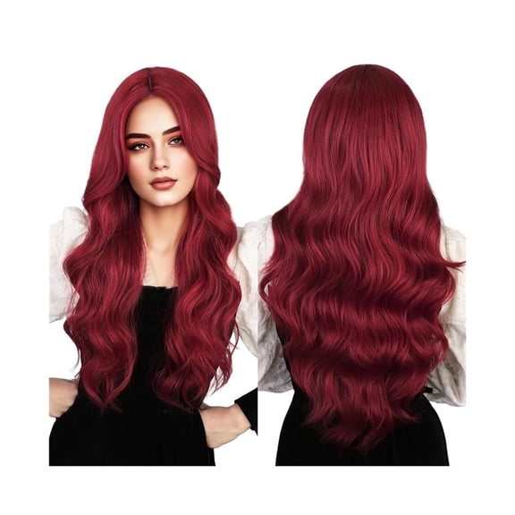 Wig Synthetic Fiber High Temperature Silk Head Set Wine Red Medium Part Long Curly Hair