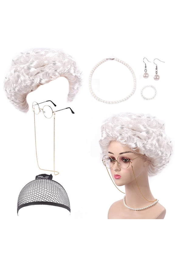 Wig for Women Grandmother Attire - Classic Lady Style Bundle with Glasses Chain Pearl Necklace Earrings and Bracelet Includes Cap Ideal Granny Accessory