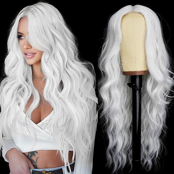Wig for Women, Long Wavy Lace Hairline Synthetic Wig 26Inch | Middle Part,Heat Resistant Wig,Daily Party,Natural-Looking,Adjustable Cap,Beginner Friendly,Soft Silky Texture,White
