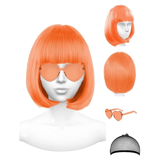 Wig and Party Sunglasses, Cosplay Color Bob Wig Party Rainbow Wigs with Neon Glasses for Women - Bachelorette Party Wigs Decorations Favors-Orange
