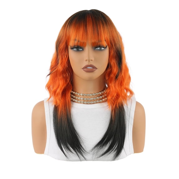 Wig female full bangs sea wave medium long curly hair short orange hairstyle