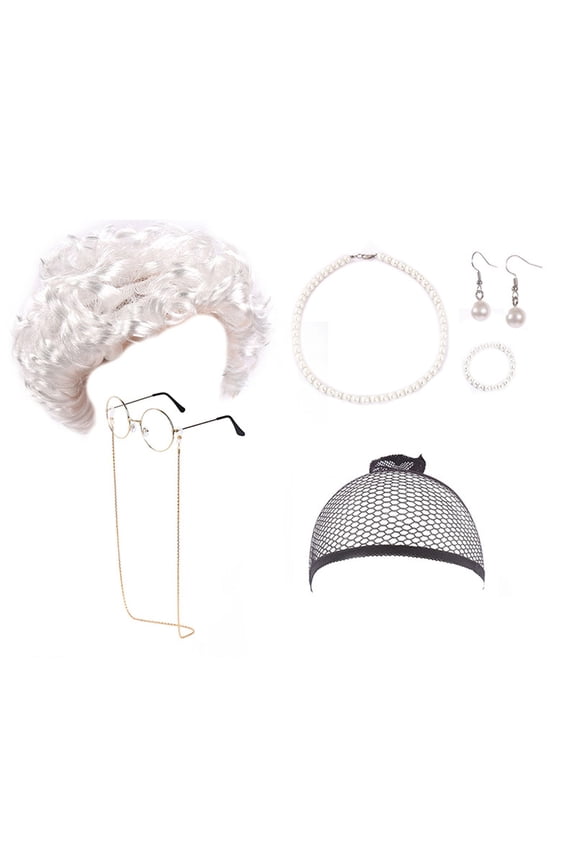 Wig for Women Classic Granny Wig with Glasses Pearl Necklace Earrings and Bracelet Set for Old Lady Grandma