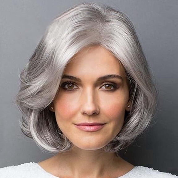 Wig for Women Short Grey Bob with Lace Part Natural Synthetic Silver Gray Curly Easy Wear Wavy Bob Wig
