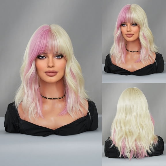 Wig for Women Silver Gray Pink Gradient Medium Long Curly Wig